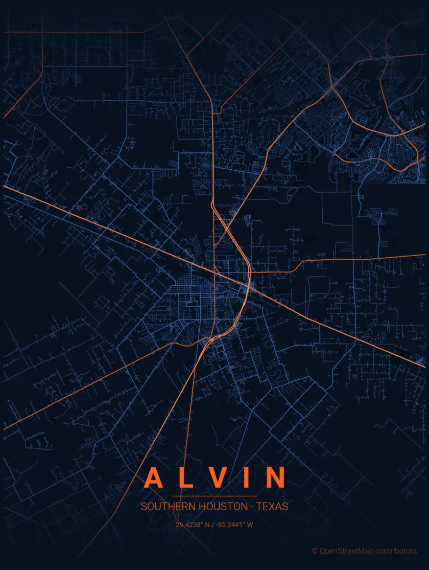 Map poster of Alvin and the southern Houston metro — Grip iT Solutions service area